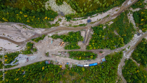 View from above. Mining of loose gold. A river destroyed by gold miners. A developed field in the taiga.