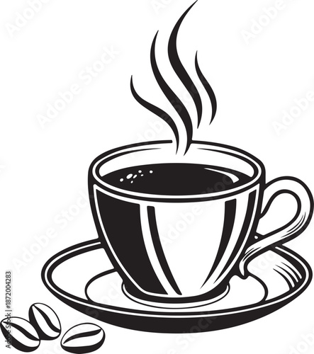 Monochrome illustration of steaming espresso cup and coffee beans icon design