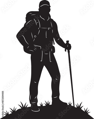 Hiker Silhouette with Backpack and Trekking Pole Vector Illustration