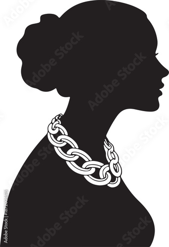 Elegant Woman Silhouette with Chunky Chain Necklace Profile Black and White