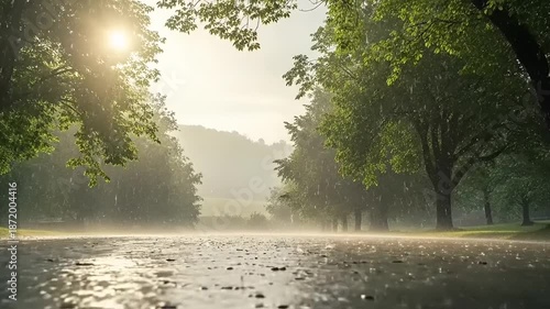 Misty Morning in the Forest with Sun Rays and Wet Ground.