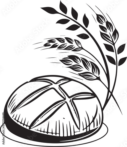 Black and White Vintage Illustration of Bread and Wheat for Bakery Design