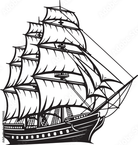 Classic Tall Ship Sailing Clipper Vector Illustration Black and White