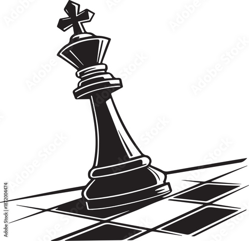 Black Chess King piece falling on chessboard - Checkmate concept illustration