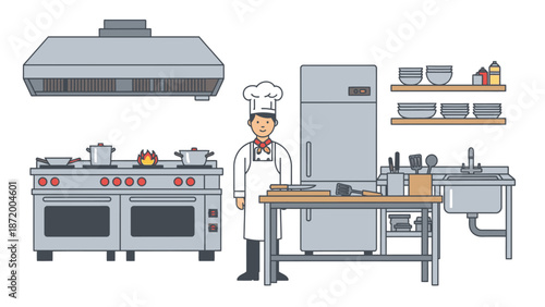 A chef stands in a commercial kitchen with stainless steel appliances and cooking equipment on a clean white background.