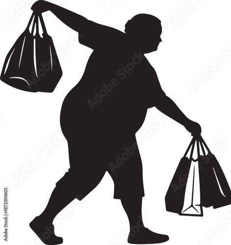 Overweight customer silhouette carrying heavy bags after shopping spree