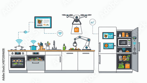 Illustration of a modern kitchen with smart appliances and gadgets on a clean white background, showcasing a robotic arm and drone interacting with devices.