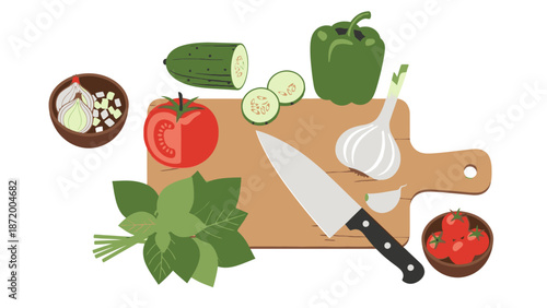 Flat lay of kitchen ingredients and utensils on a cutting board with vegetables, herbs, and a knife on a clean white background.