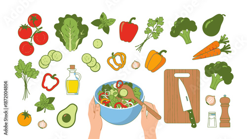 Flat lay of various vegetables and kitchen utensils with hands holding a salad bowl on a clean white background.