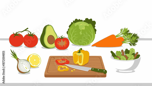 Flat lay of fresh vegetables and fruits on a kitchen counter with a cutting board and knife, against a clean white background.