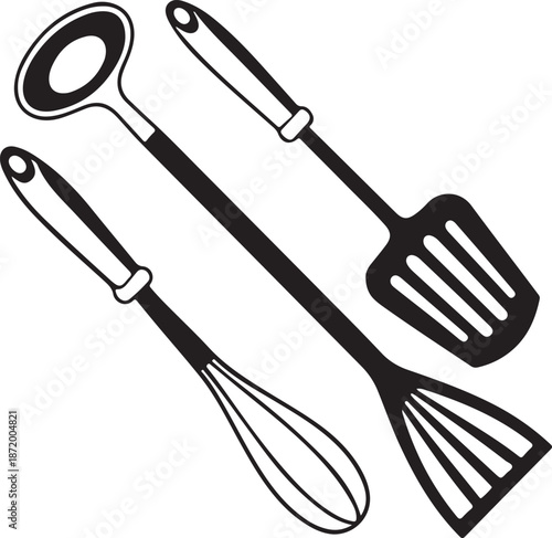 Black and White Kitchen Cooking Tools Icon Set: Spatula, Ladle, Whisk