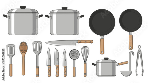 Flat lay of various kitchen utensils and cookware, including pots, pans, knives, and spoons, arranged on a clean white background.