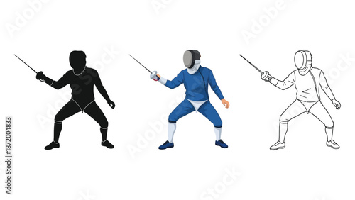 Fencer ready for duel holding foil, silhouette, color illustration, and outline drawing
