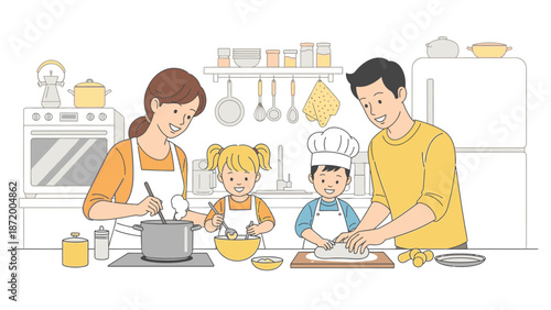 A family of four, including two children, cooking together in a modern kitchen with a warm atmosphere and various utensils.