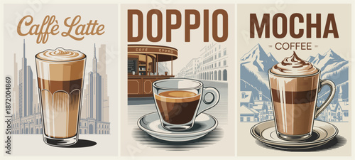 Retro mid-century coffee poster triptych featuring Caffè Latte, Doppio, and Mocha Coffee with city, café, and mountain backdrops.