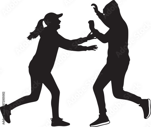 Dramatic black silhouette of two people in conflict, fight or struggle