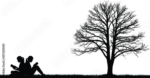Silhouettes of People Reading Outdoors Under Tree Depicting Peaceful Study, Nature Connection, and Contemplative Lifestyle for Design Concepts