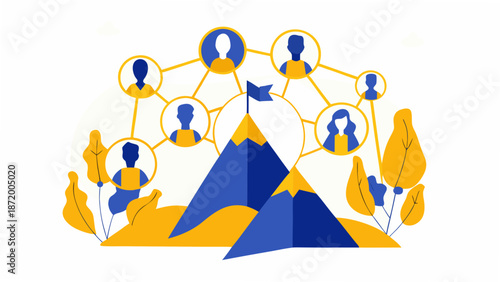 Stunning teamwork concept with connected people reaching mountain peak