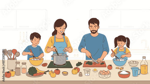 A family of four prepares a meal together in a modern kitchen with various ingredients and utensils on the counter.