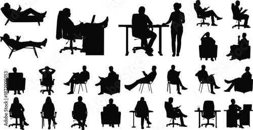 Silhouettes of People Seated in Office and Lounge Chairs Engaged in Work, Relaxation, and Conversation for Ergonomic Design Concepts