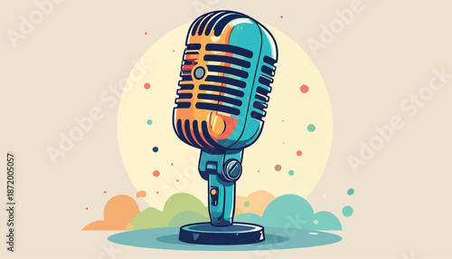 Retro Microphone Illustration with Vibrant Colors and Artistic Style.