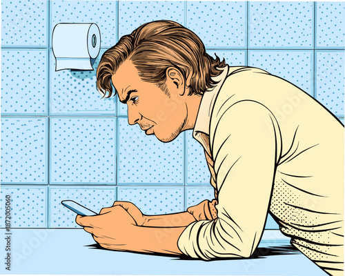 Man intensely focused on smartphone in bathroom