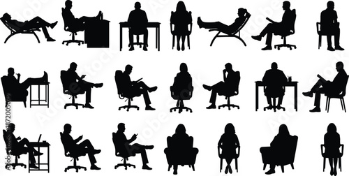 Silhouettes of People Sitting in Various Chairs and Poses for Ergonomics, Interior Design, Body Language, and Furniture Concepts