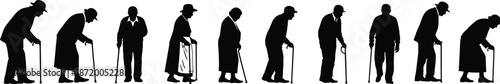 Vector silhouettes set of diverse elderly people walking with canes and walking sticks isolated on white background for geriatric healthcare concepts