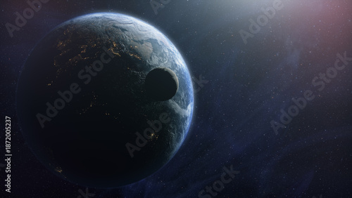 Canvastavla Cinematic planet Earth and Moon space view, glowing earth with city lights and a