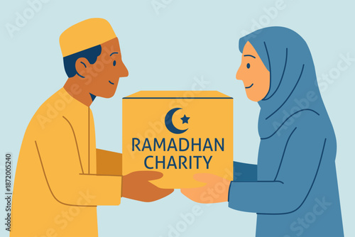 Flat Style Illustration of Muslim Couple Giving Ramadhan Charity Box
