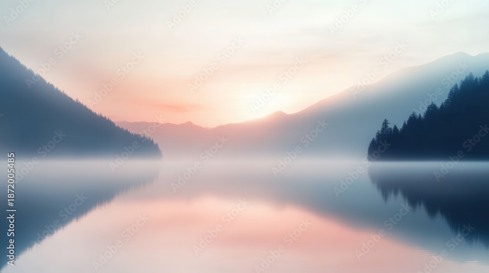 Obraz premium Serene mountain reflection, Calm morning scene with soft pink colors reflecting in mirrorlike lake, Soothing sunrise scene featuring pastel pink shades mirrored perfectly on serene mountain lake