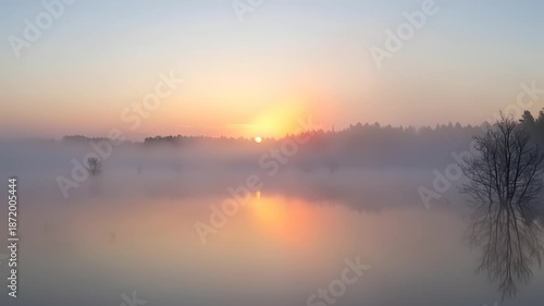 Misty Sunrise Over Calm Water Reflecting Golden Hues.