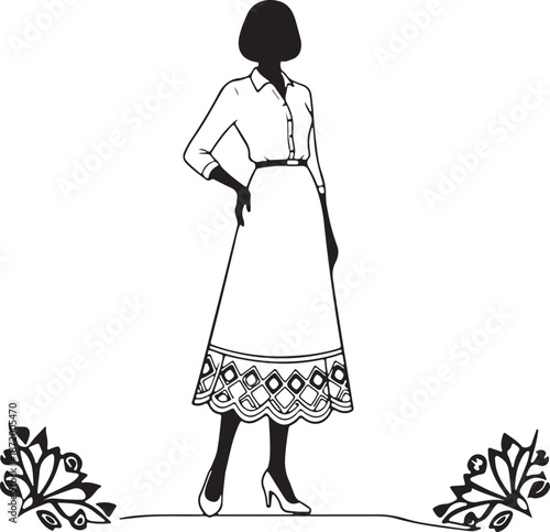 Vintage Fashion Woman Illustration Line Art Skirt Silhouette Black and White