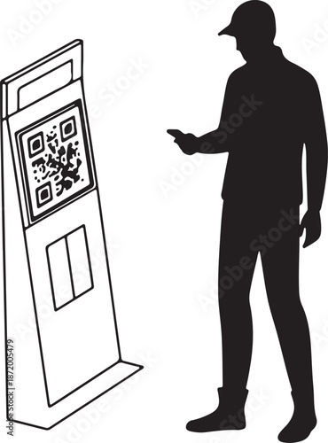 Man scanning QR code on self-service kiosk with smartphone silhouette illustration