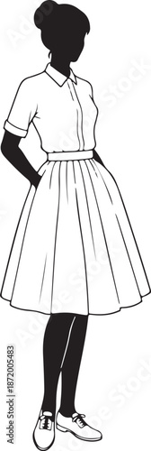 Vintage Style Woman Silhouette in Pleated Skirt and Collared Shirt Line Art.