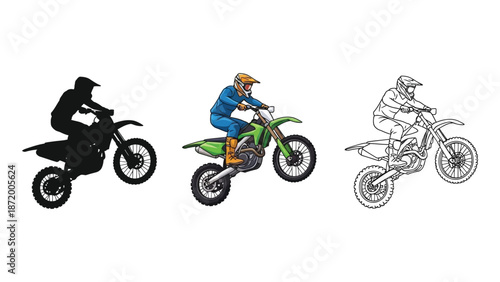Motocross rider in action, silhouette, color illustration, and line art drawing
