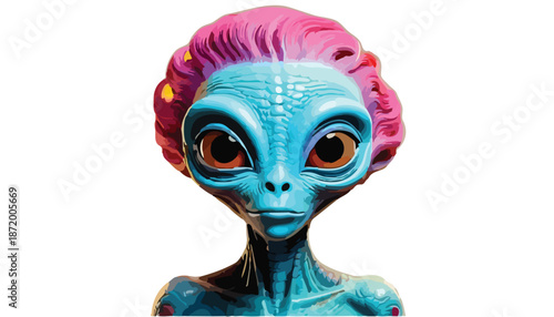 Alien Portrait with Pink Hair and Large Eyes.
