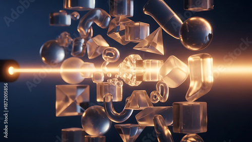 Abstract 3d rendering of shining metallic objects with laser beam