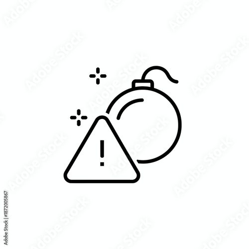 Warning icon of an explosive bomb with alert symbol and danger signs