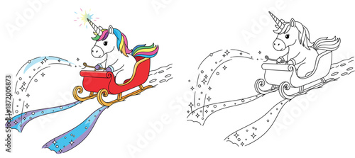 Adorable unicorn cartoon with a rainbow trail and a crimson sleigh A vector image for a coloring book page with a black and white outline