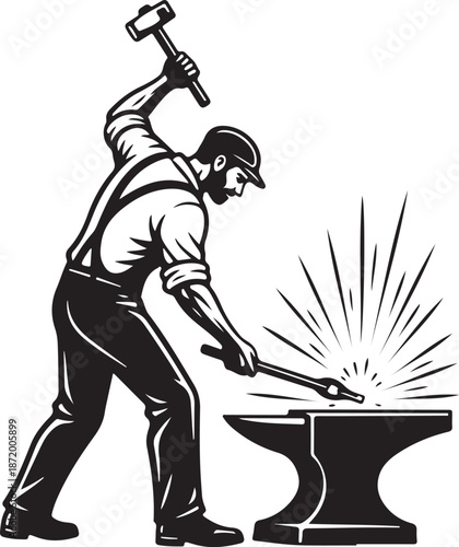 Strong Blacksmith Forging Metal on Anvil, Vintage Workshop Logo Illustration