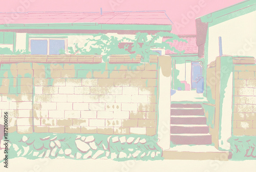 Pastel illustration of a peaceful suburban house entrance with a stone wall. Minimalist aesthetic poster art for home decor.