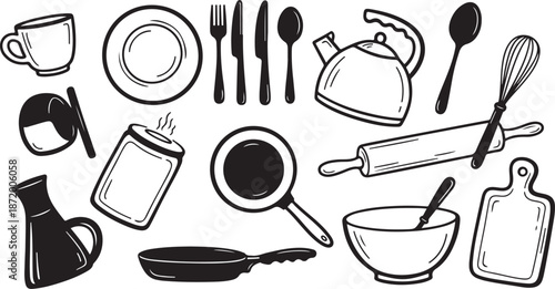 Kitchen Utensils and Dishes Line Art Illustration Set