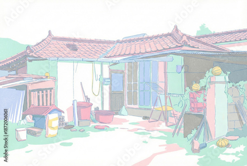 Aesthetic poster art of a quiet traditional house exterior in soft colors, perfect for home decor.