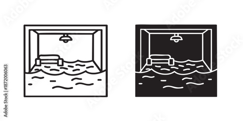 Flooded apartment vector icon, flood catastrophe and water damage symbol, home contents insurance concept, outline and filled style, clean black line and solid design, minimal flat icon, isolated on t