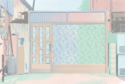Pastel digital illustration of a traditional Korean house entrance with a nostalgic neighborhood vibe, perfect for home decor posters.