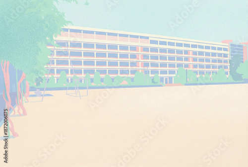 Pastel illustration of a school building with a playground. Minimalist retro poster style.