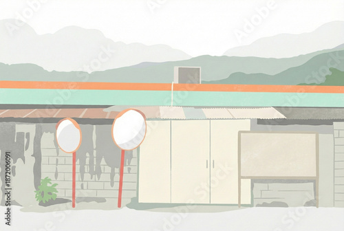 Minimalist flat illustration of a quiet rural street with traffic mirrors and mountains. Perfect for travel posters.