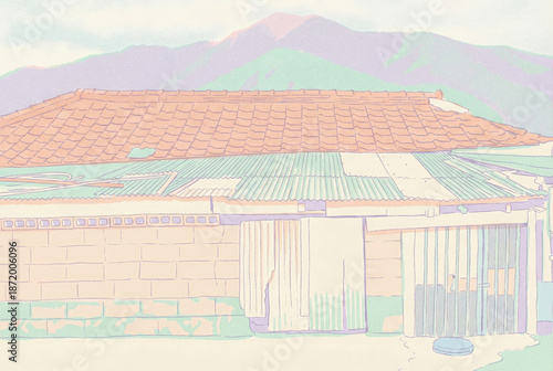 Traditional Asian architecture in a soft pastel palette. Peaceful village scenery illustration, perfect for nostalgic posters and wall prints.