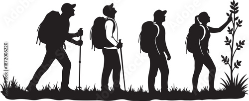Silhouette of group hikers walking in a line formation
